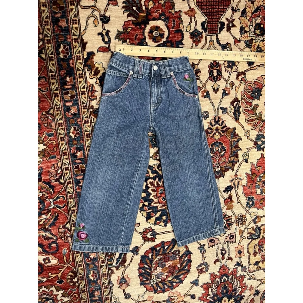 Vintage OshKosh Little Girl Floral Embroidered Wide Leg Stretch Jeans Size 5